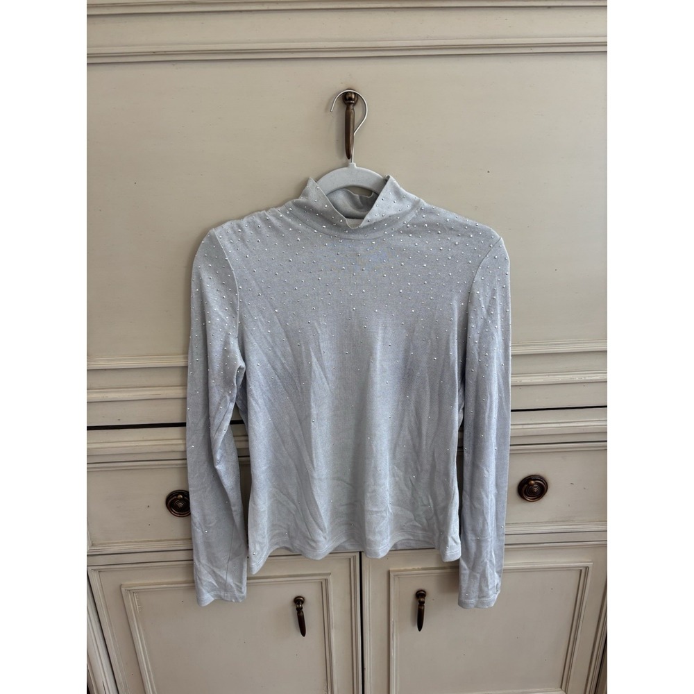 St John Sport Turtleneck Metallic Sweater Top Womens S‎ Silver Studded Sparkle
